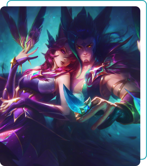 Imagem onde os personagens do jogo League Of Legends, Xayah e Rakan, se abraçam.